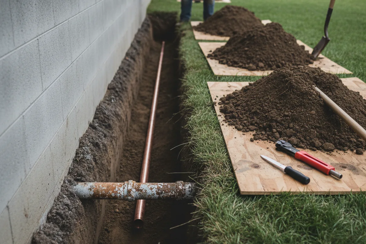 Excavated water line trench during Sewer Line Repair in Margarettsville